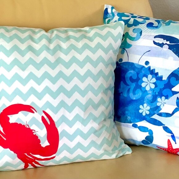 18x18 Beach Sea Life Red Crab Teal Chevron Design Summer Throw Pillow Covers New - Picture 4 of 5